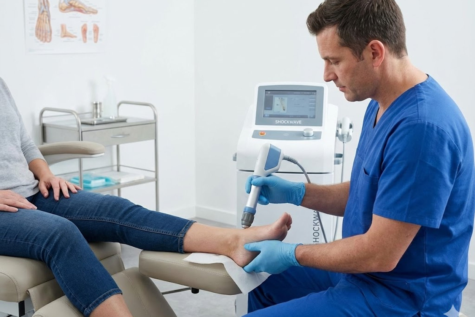 A podiatrist delivering shockwave therapy to a patient’s foot